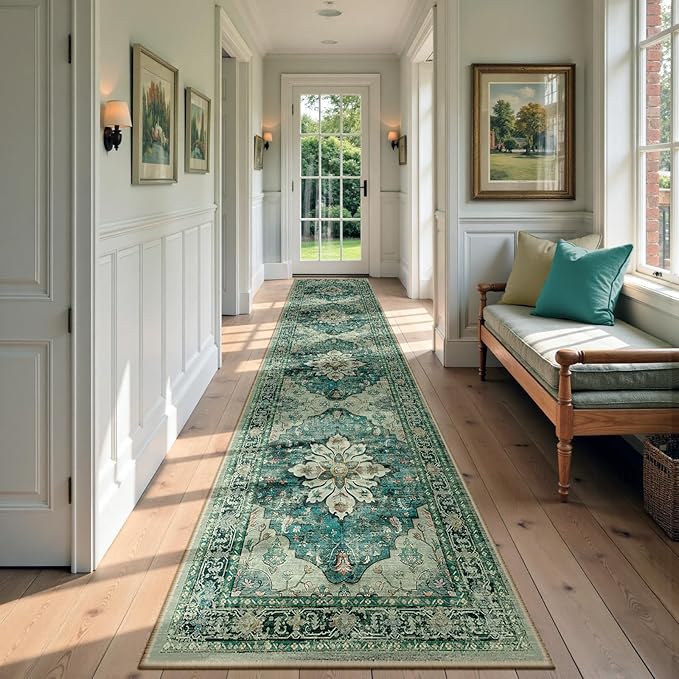 Area Rugs 2'6''x10' Washable Non-Slip, Floral Vintage Distress Print Pattern Medallion Carpet for Living Room Bedroom Dining Room, Dark Blue Vintage