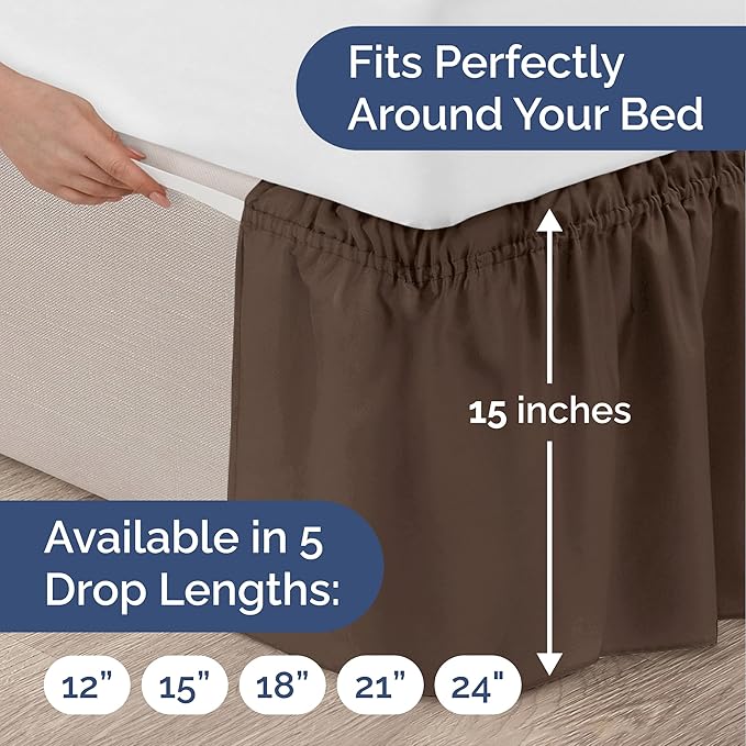 Wrap Around Dust Ruffle Bed Skirt - Brown - for Queen Size Beds with 15 Inch Drop - Easy Fit Elastic Strap - Adjustable Pleated Bedskirt w/Brushed Fabric - Wrinkle Free - for Women, Men, Kids & Teens