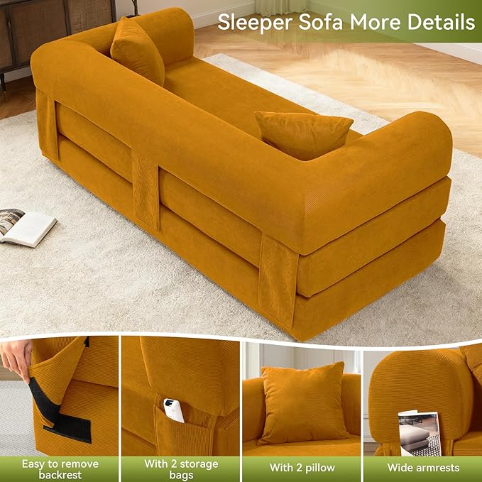 80" Convertible Sofa Bed,Corduroy Folding Sleeper Sofa Bed Queen with Pillows & Storage,Modular Pull Out Couches Boneless Couch for Living Room,Compressed Couch in a Box,Yellow