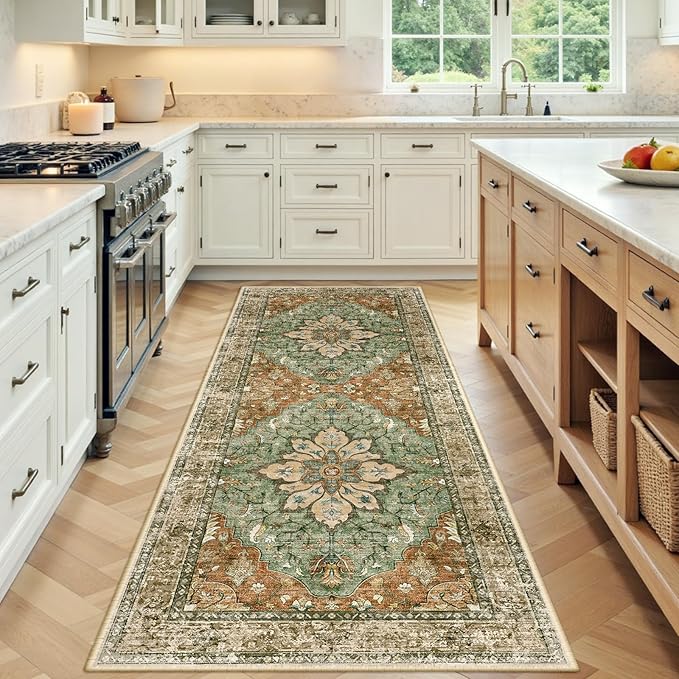 Area Rugs 3'x6' Washable Non-Slip, Floral Vintage Distress Print Pattern Medallion Carpet for Living Room Bedroom Dining Room, Brick Red Rust Neutral Brown Burnt Orange Green