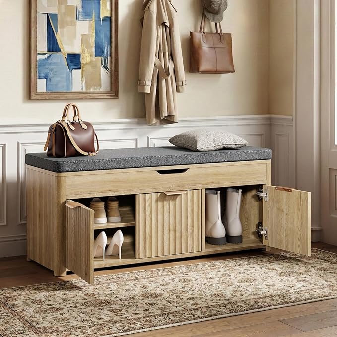 Shoe Bench with Storage - Lift Top Entryway Bench with Hidden Storage, Shoe Rack with Adjustable Shelves and Cushioned Seat, Wooden End of Bed Bench for Bedroom, Living Room and Hallway,Nature