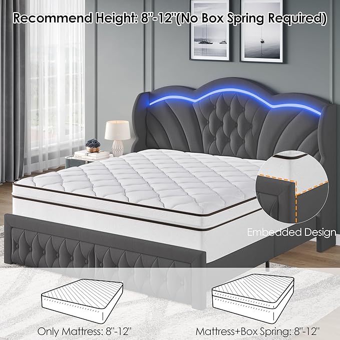 Keyluv King Bed Frame with LED Lights and 2 Storage Drawers, Velvet Upholstered Platform with 47" Tall Arc-Shaped Wingback Headboard and Button Tufted Design, No Box Spring Needed, Noise-Free, Gray