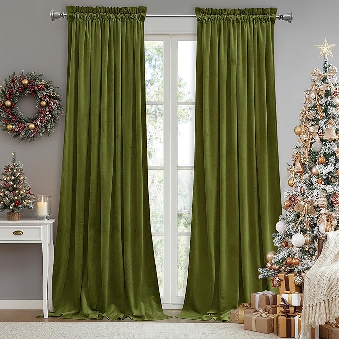 StangH Olive Green Velvet Curtains 102 inches Long 2 Panels for Christmas Decor, Room Darkening Warming Drapes Privacy Protect Cold Blocking for Dining Room/Hotel Hall, W52 x L102