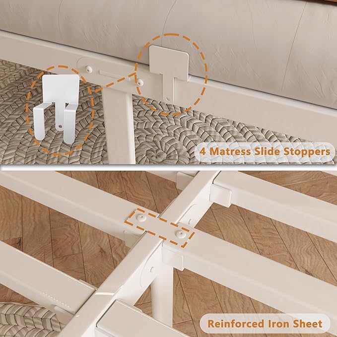 12 Inch Queen Bed Frame No Box Spring Needed, Platform Bed Frame with Metal Gaskets, Heavy Duty Steel Slat Support, Anti-Slip Mattress Stopper, Round Corner Leg, Easy Assembly, White