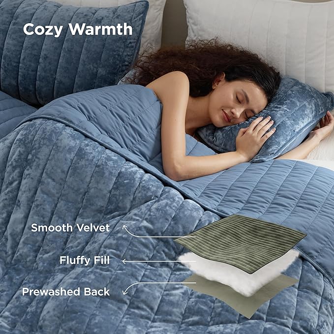 Bedsure Velvet Quilt Queen Size Set - Lightweight Velvet Comforter Queen, Luxury Bedspread Coverlet, Ultra-Soft Winter Bedding Set with 2 Pillow Shams, 90"x96", Blue