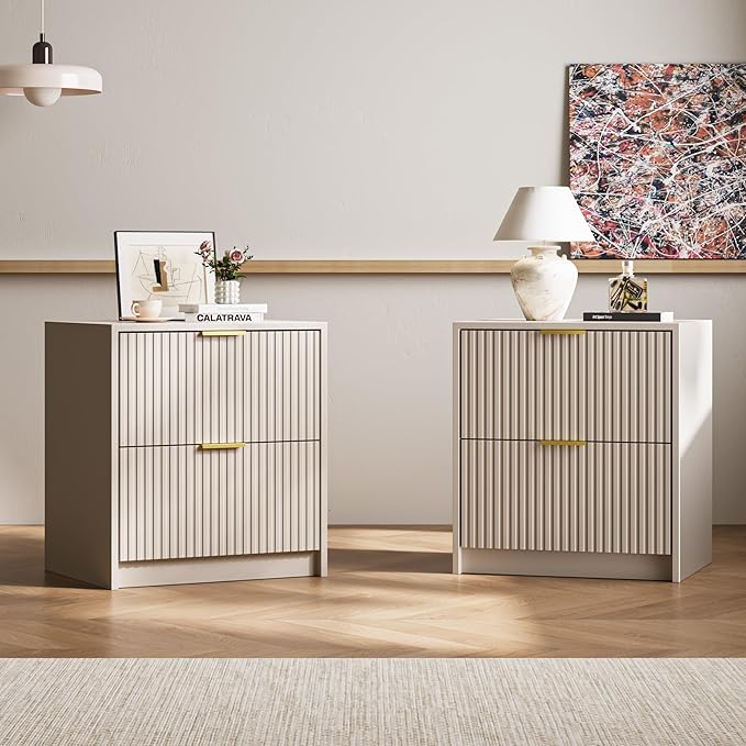 Set of 2 Fluted Nightstand with 2 Drawers, Modern Storage Bedside Table with Golden Metal Handles, Wooden End Table for Bedroom, Beige