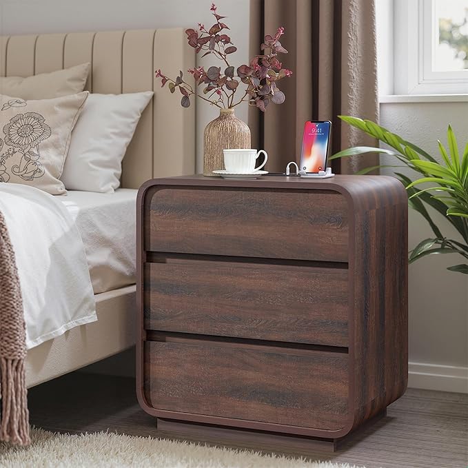 Modern Nightstand Set of 2, 23.2" Wide Wood Bedside Table with Charging Station, 3 Storage Drawers Side Table Curved Profile, Handleless, Large End Table Night Stand for Bedroom, Walnut ﻿