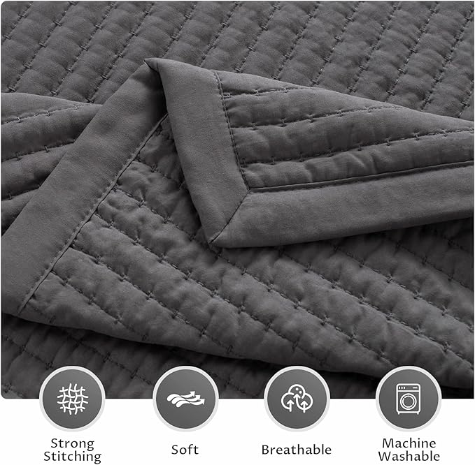 KASENTEX Queen XL Quilt Set 98"x98" – Soft Washed 3-Layer Lightweight Bedspread, Minimalist Nordic Design, All-Season Spring & Summer Quilt Set (1 Quilt + 2 Pillow Shams),Tornado Dark Grey