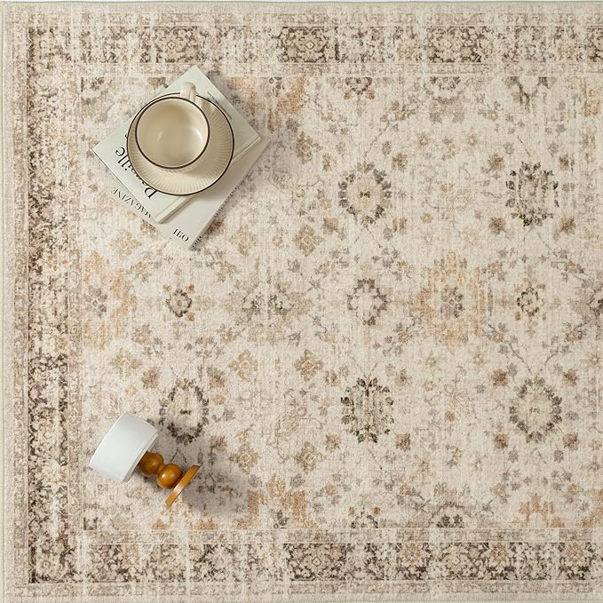 Beige 2x3 Entryway Area Rug Machine Washable Doormat Kitchen Vintage Distressed Non Slip Carpet Indoor Traditional Floral Accent Throw Small Rug for Bathroom Office Bedroom Living Dining Room