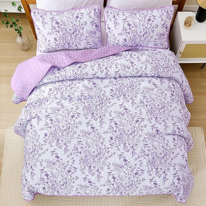 WONGS BEDDING Quilt Queen Size, Purple Quilt Bedding Set with 2 Pillowcases, Botanical Quilt for Queen Bed, Soft Microfiber Lightweight Coverlet Bedspread for All Season (96"×90", 3 Pieces)