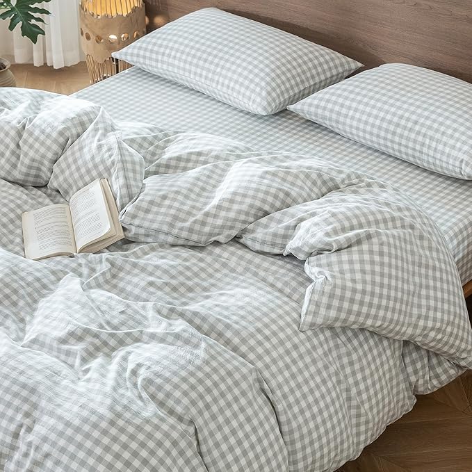 MooMee Gingham Duvet Cover Set 100% Washed Cotton Linen Like Textured Breathable Durable Soft Comfy Modern Checkered Design (Northern Droplet Grey Gingham, Twin 68"x90")