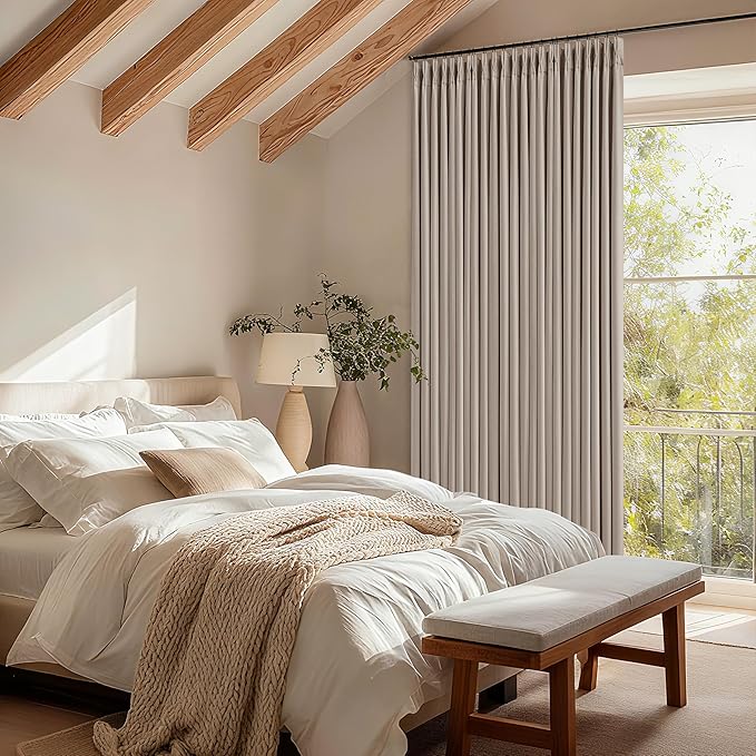 Extra Wide Burlywood Birch Blackout Sliding Glass Door Curtains 102 Inches Long Memory Trained Pinch Pleated Linen Double Layer Black Out Heat Blocking Curtain 70 Inch Width 102 Inch Length 1 Panel