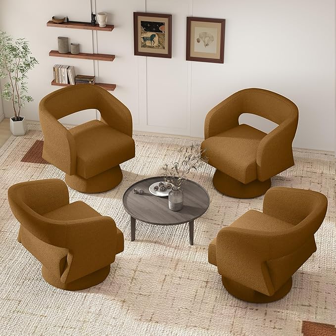Swivel Accent Chair Set of 2, Modern Comfy Teddy Barrel Chairs, Oversized Upholstered Round Arm Chair for Living Room, Bedroom, Reading Room, Brown