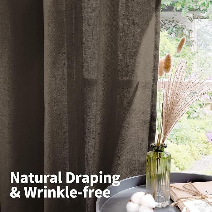 YoungsTex Dark Brown Linen Semi Sheer Curtains 45 Inches Length for Kitchen, Light Filtering Drapes with Grommet Privacy for Short Window Living Room, 2 Panels, 42 X 45 Inch