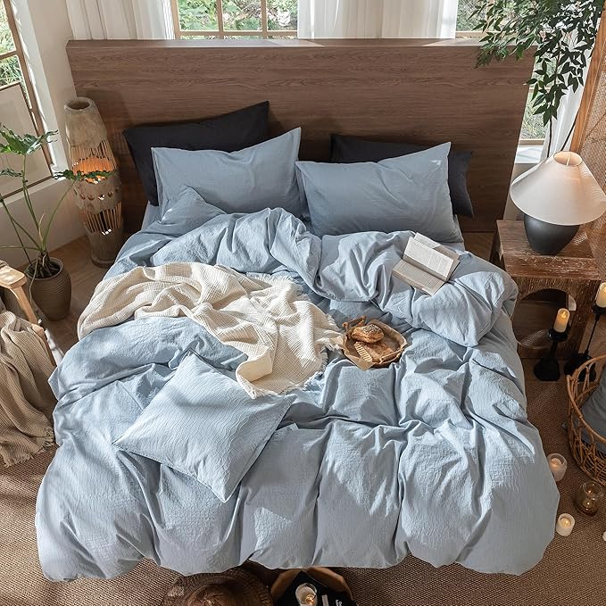 MooMee Wavy Striped Duvet Cover Set 100% Washed Cotton Linen Like Textured Breathable Durable Soft Comfy (Cornflower Blue, Cal King 104"x98")