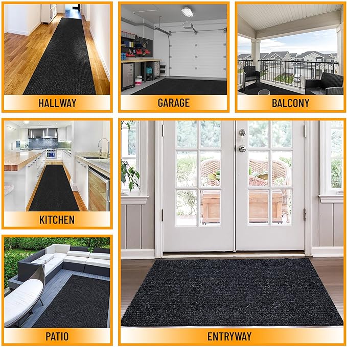 Ottomanson 2'7" x 51' Hallway Runner with Scraper Pile - Extra Durable Non-Slip Rug Mat for Indoor & Outdoor Use - Ideal for Kitchen, Entryway & Garage - High-Traffic Carpet, Black