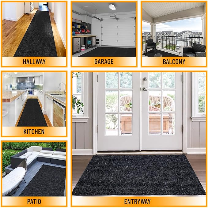 Ottomanson 2'7" x 23' Hallway Runner with Scraper Pile - Extra Durable Non-Slip Rug Mat for Indoor & Outdoor Use - Ideal for Kitchen, Entryway & Garage - High-Traffic Carpet, Black