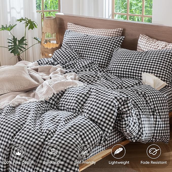 MooMee Gingham Duvet Cover Set 100% Washed Cotton Linen Like Textured Breathable Durable Soft Comfy Modern Checkered Design (Black White Gingham, Palatial King/Oversized King 120"x98")