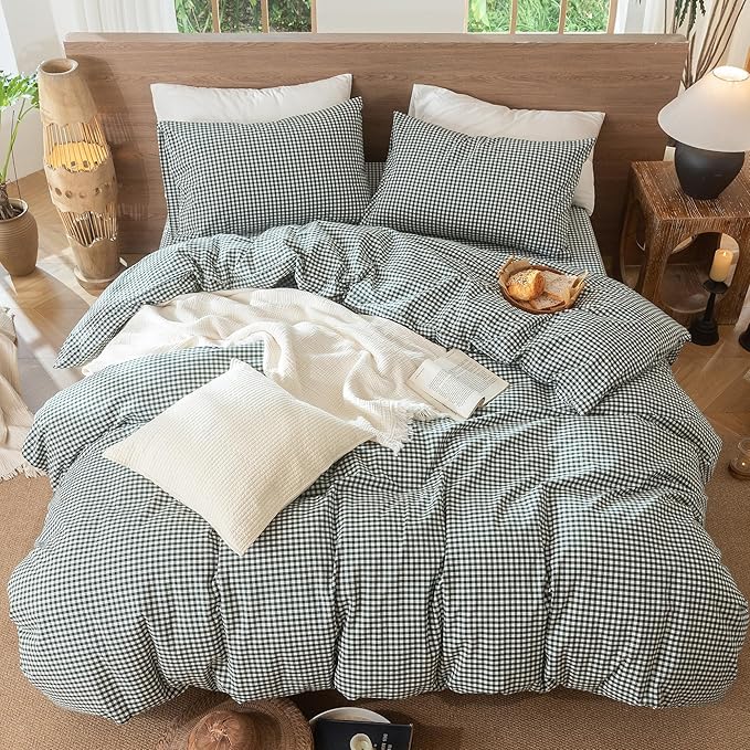 MooMee Gingham Duvet Cover Set 100% Washed Cotton Linen Like Textured Breathable Durable Soft Comfy Modern Checkered Design (Mini Gingham Forest Green, Oversized Full 82"x86")