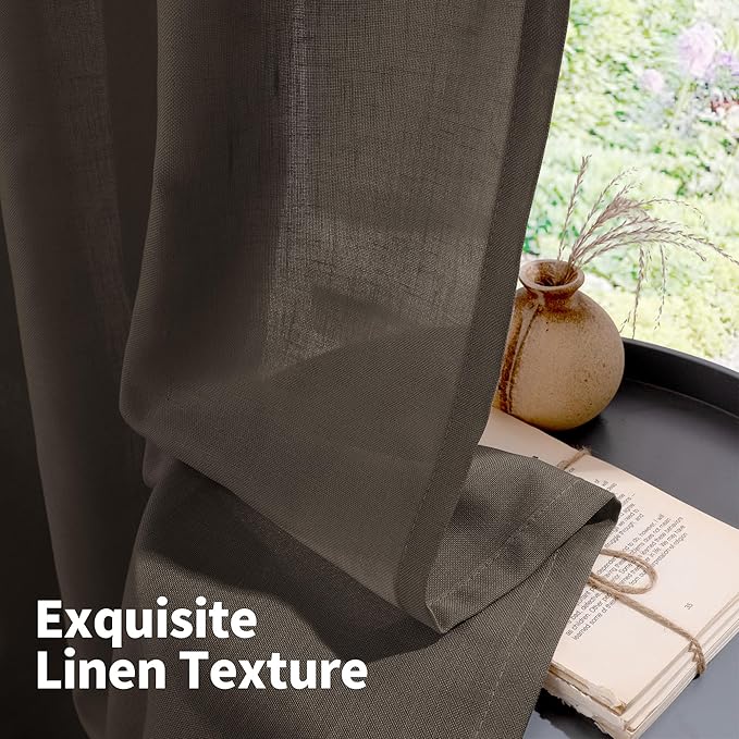 YoungsTex Dark Brown Linen Semi Sheer Curtains 45 Inches Length for Kitchen, Light Filtering Drapes with Grommet Privacy for Short Window Living Room, 2 Panels, 42 X 45 Inch