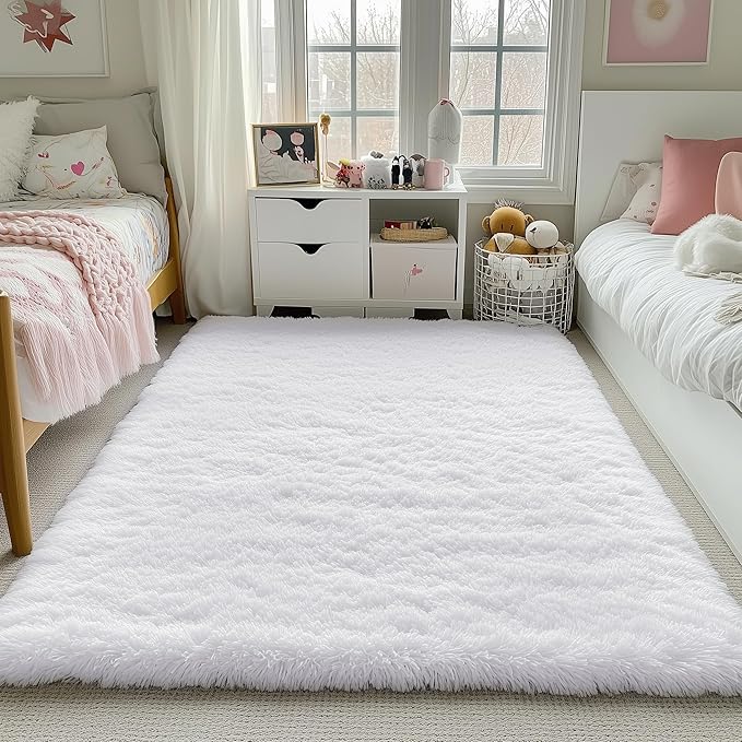 PAGISOFE White Fluffy Shag Area Rugs for Living Room 5x7, Soft Fuzzy Shaggy Rug for Bedroom Girls, Pastel Nursery Carpet Floor Room Dorm Rugs Boys Girls Plush Soft Kids Rug for Room Decor Aesthetic