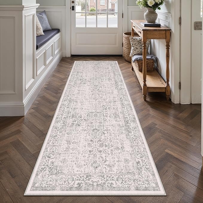 Gray Runner Rug 3x8 Hallway Machine Washable Kitchen Vintage Distressed Non Slip Long Carpet Indoor Grey Retro Floral Bedroom Accent Throw Rug for Bathroom Office Laundry Dining Living Room