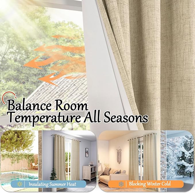 60 Inch Wide Linen Blackout Curtains for Bedroom 63 Inch Length 2 Panels, Total Black Out Thermal Insulated Energy Efficiency Grommet Boho Window Drapes White Liner for Modern Farmhouse, Burlap