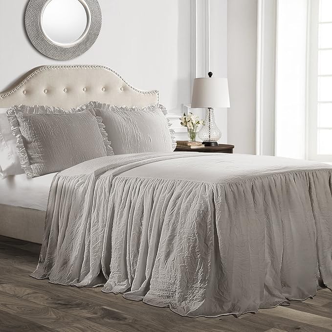 Lush Decor Ruffle Skirt Bedspread Set - 3-Piece Luxurious Farmhouse Bedding - Elegant Ruffle Detail - Timeless Style - Soft Lightweight Sheets - California King, Grey