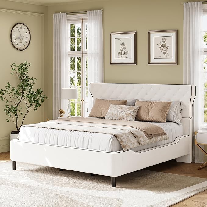 Christopher Knight Home Salus Linen Upholstered King Size Bed Frame with Headboard, Modern King Bed Frame and Headboard, Wooden Slats Support, Easy Assembly, No Box Spring Needed, Beige