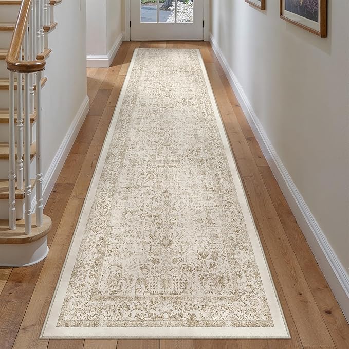 Light Brown Runner Rug 3x10 Hallway Machine Washable Kitchen Vintage Distressed Non Slip Long Carpet Indoor Retro Floral Bedroom Accent Throw Rug for Bathroom Office Laundry Dining Room