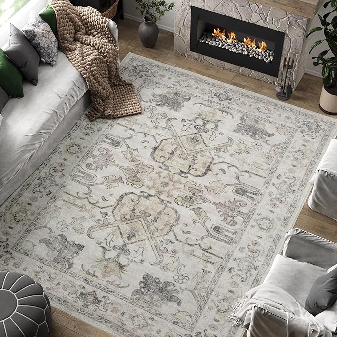 jinchan 8x10 Area Rugs for Living Room Washable Soft Throw Rug Ultra-Thin Stain Resistant Non-Slip Distressed Vintage Floral Large Carpet for Bedroom, Dining Room, Home Office, Nursery (8x10ft, Taupe)