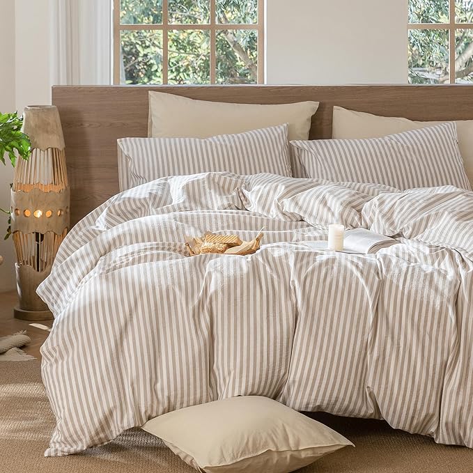MooMee Striped Duvet Cover Set 100% Washed Cotton Linen Like Textured Breathable Durable Soft Comfy (Tannish Linen Grey White Classic Stripes, Super King Plus 120"x120")
