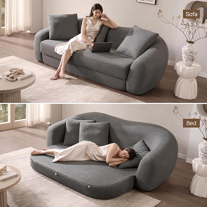 SICOTAS 90.6" Curved Convertible Sofa Couch Bed for Living Room Futon Cloud Boneless Sleeper Sofa Pull Out Floor Couch with Deep Seat 3 Seater Foam Bed No Assembly for Bedroom Apartment, Dark Grey