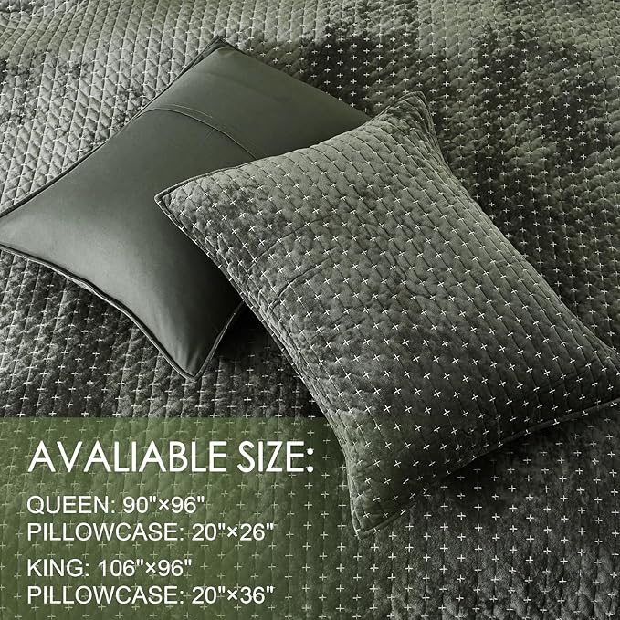 Powdion Velvet Quilt Queen Size, Oversized Bedspread Quilted Bedding Set, Luxurious Soft Coverlet Set Lightweight Velvet Comforter for All Season with Pillow Shams 90x96 Army Green Striped Queen