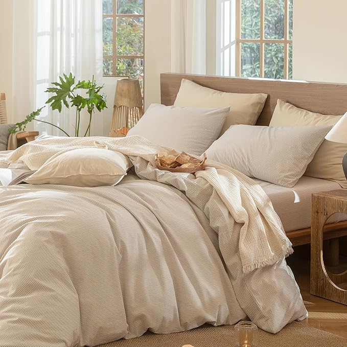 MooMee Striped Duvet Cover Set 100% Washed Cotton Linen Like Textured Breathable Durable Soft Comfy (Tannish Linen Grey White Pinstripes, Oversized King Plus 128"x120")