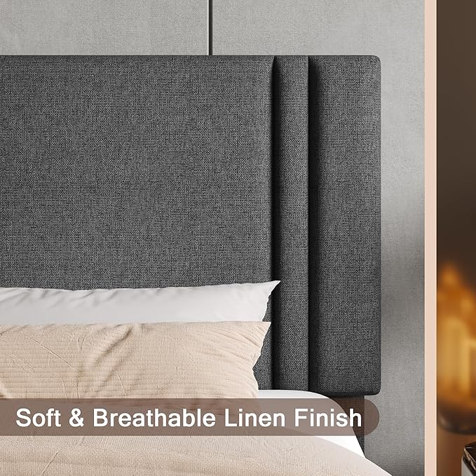 Upholstered Full Size Bed Frame with Linen Fabric Headboard, Strong Wooden Slats Support, Noise Free, No Box Spring Needed, Dark Grey