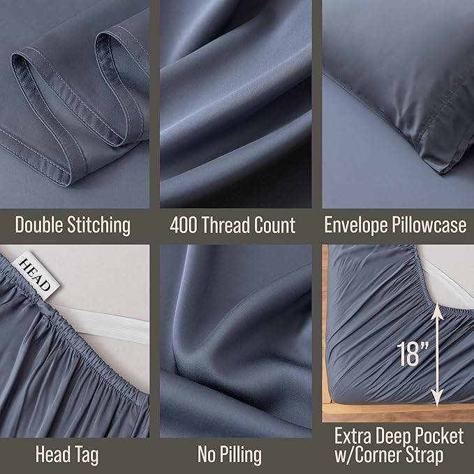 Bella Coterie Luxury Bamboo Viscose Split King Size Sheet Set | 2 Fitted Sheets for Sleep Number & Adjustable Beds | 100% Organically Grown | Cooling & Ultra Soft | 18” Deep Pocket [Slate Blue]