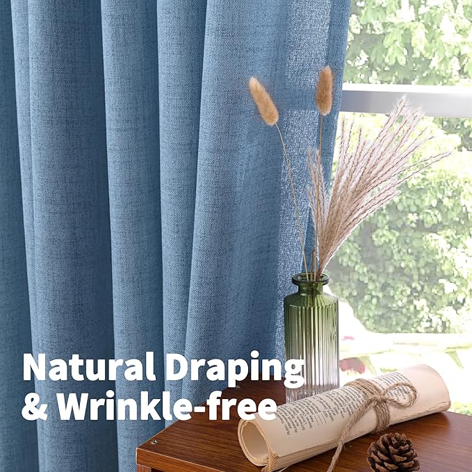 YoungsTex Denim Blue Linen Curtains 48 Inches Long for Short Window, Semi Sheer Drapes with Bronze Grommet Privacy Light Filtering for Bedroom Living Room Kitchen, 42 x 48 Inch, 2 Panels