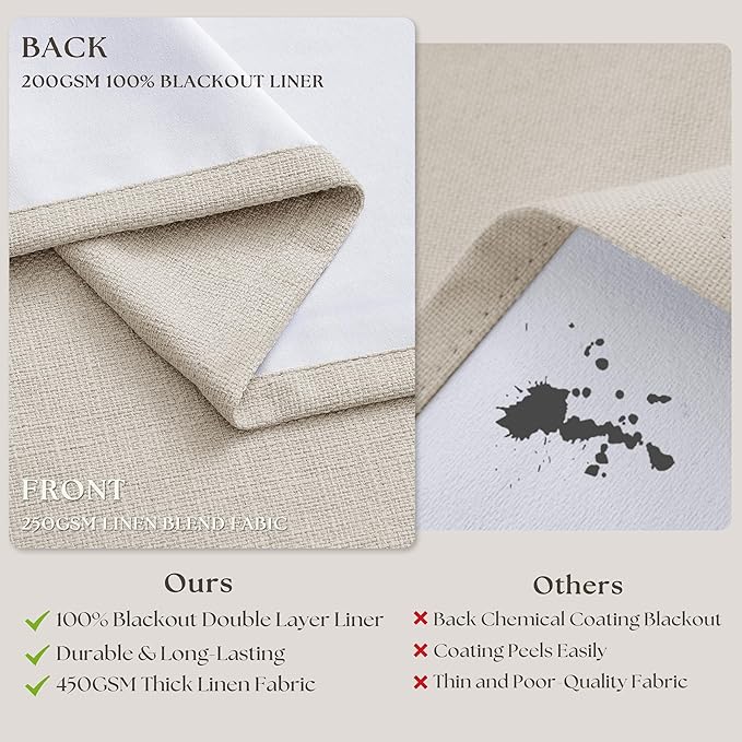 100 Inch Blackout Linen Curtains Pinch Pleated Back Tab Dual Layer Thermal Inslulated Room Darkening 100% Black Out Curtains 2 Panels for Sliding Glass Door Bedroom Living Cream Ivory Window Drapes