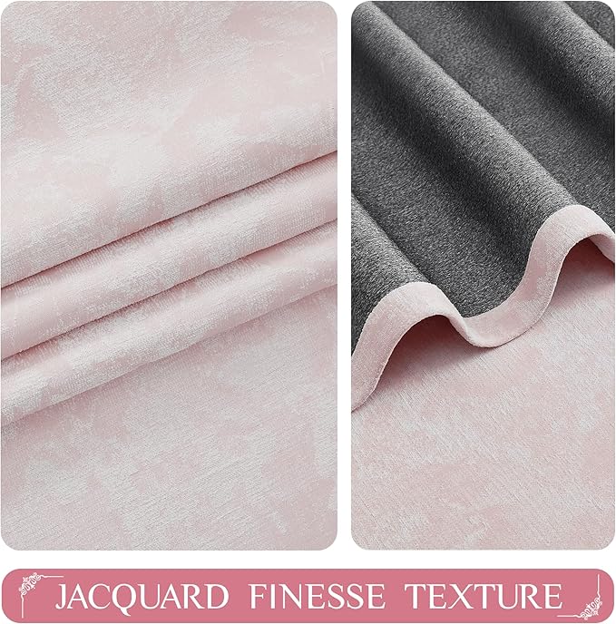 Beauoop Pink Floral Jacquard Blackout Curtains 72 Inches Long 2 Panels for Bedroom Living Room Chenille Flower Room Darkening Thermal Insulated Soundproof Grommet Window Treatments Drapes, 52x72