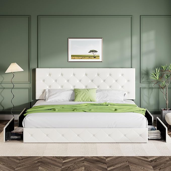 Allewie King Size Platform Bed Frame with 4 Storage Drawers and Headboard/Upholstered Diamond Stitched Button Tufted/Wooden Slats Support/Mattress Foundation/No Box Spring Needed/White