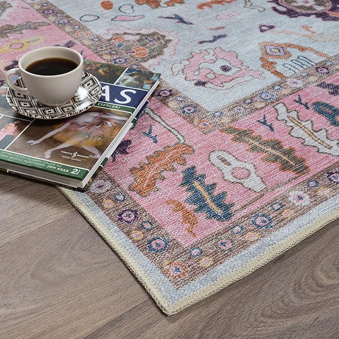 Fame Rugs Pink Beige Modern Oushak Rug 10x13, Vintage Turkish Colorful Oriental Washable Antique Inspired Oversize Area Rugs, Luxury Living Room Bedroom (390PP, 10' x 13')