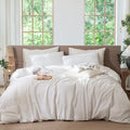 MooMee Striped Duvet Cover Set 100% Washed Cotton Linen Like Textured Breathable Durable Soft Comfy (White Orange Wide Stripes, Full 80"x90")