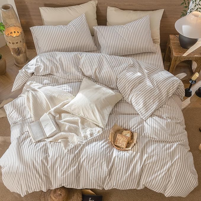 MooMee Striped Duvet Cover Set 100% Washed Cotton Linen Like Textured Breathable Durable Soft Comfy (Tannish Linen Grey White Classic Stripes, Queen 90"x90")