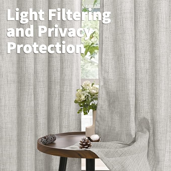 YoungsTex Light Grey Linen Curtains 68 Inch Length for Living Room, Light Filtering Window Drapes Semi Sheer with Bronze Grommet Privacy for Bedroom, 52 x 68 Inch, 2 Panels