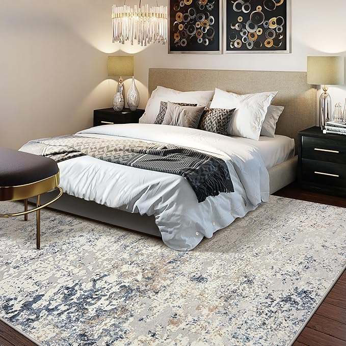 Area Rug Living Room Rugs - 10x13 Large Soft Indoor Neutral Modern Abstract Low Pile Washable Rug Carpet for Bedroom Dining Room Farmhouse Home Office - Beige Blue