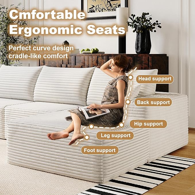 108" Sectional Couches for Living Room Modern Modular Sofa with L-Shape Couchs Upholstered Boneless Couch Deep Seat Sectional Couch with Chaise (White, Right Facing Chaise+2Seaters+1Ottoman)