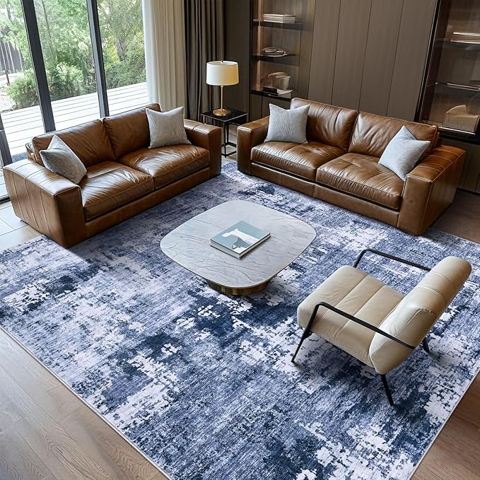 Area Rug Living Room Rugs - 9x12 Washable Large Soft Indoor Neutral Modern Abstract Low Pile Rug Carpet for Bedroom Dining Room Farmhouse Home Office - Navy Blue