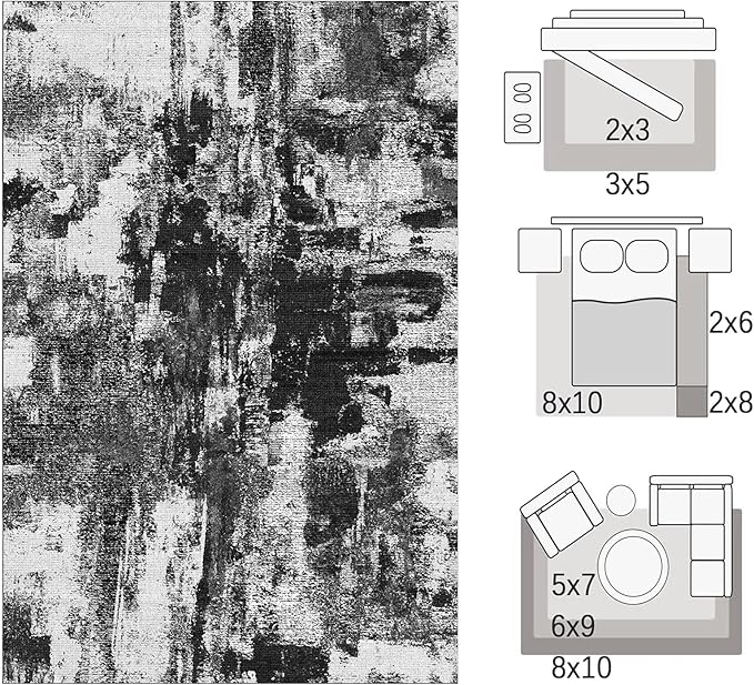 5x7 Area Rug Living Room Rugs - Machine Washable Neutral Abstract Rugs for Dinning Room Indoor Floor Non Silp Rug Carpet for Bedroom Home Office Decor - Black White