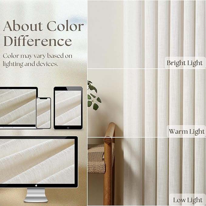 Natural Cream Pinch Pleated Linen Curtains 92 Inches Long for Living Dining Room Bedroom Thick Linen Pinch Pleat with Hooks Rings Back Tab Light Filtering Boho Farmhouse Semi Sheer 92 Inch Curtain